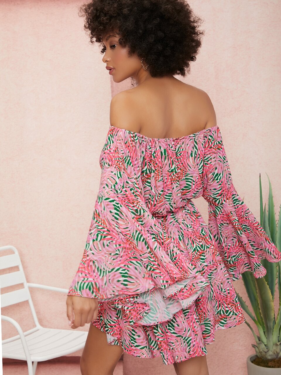 Off Shoulder Flounce Sleeve Tropical Print Romper