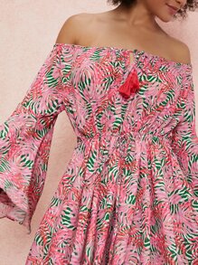 SHEIN VCAY Off Shoulder Flounce Sleeve Tropical Print Romper - Multicolor - View 3