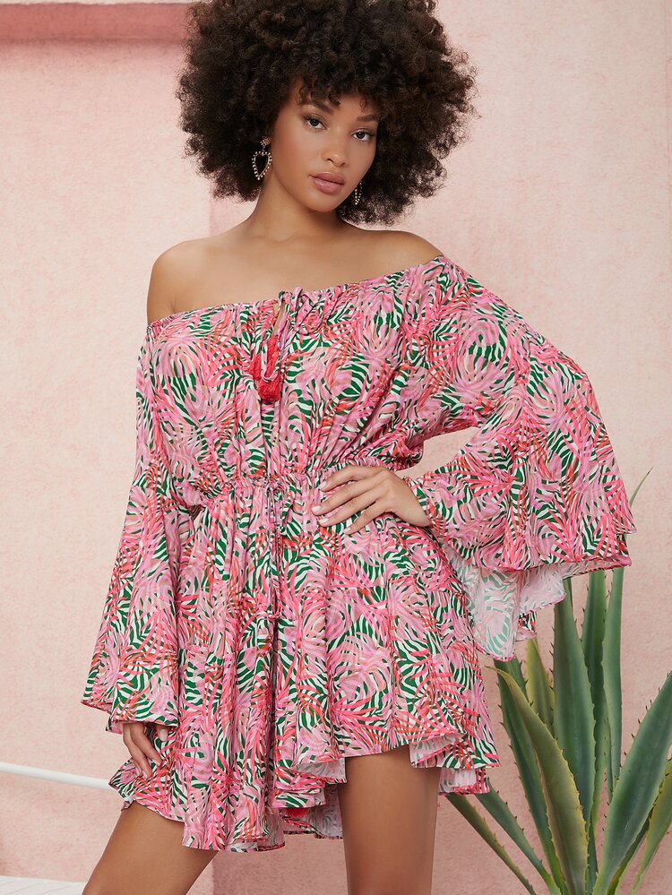 SHEIN VCAY Off Shoulder Flounce Sleeve Tropical Print Romper - Multicolor - View 4