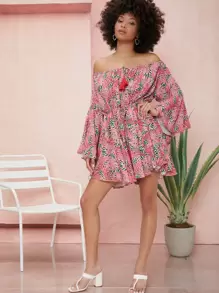 SHEIN VCAY Off Shoulder Flounce Sleeve Tropical Print Romper - Multicolor - View 5