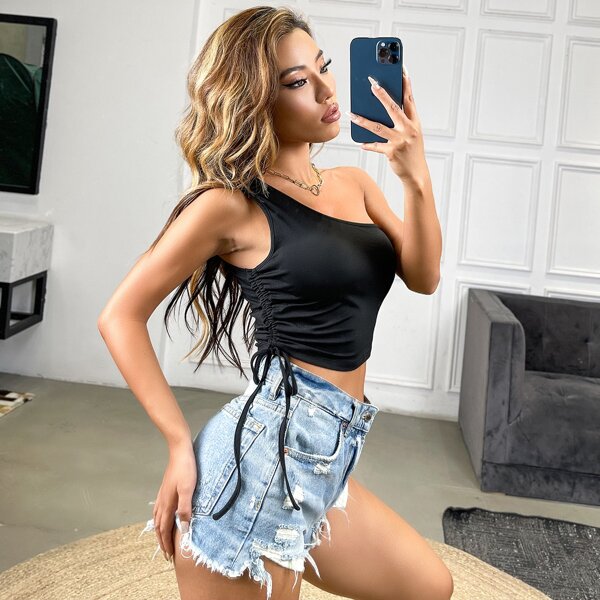 

Drawstring Side One Shoulder Top, Black
