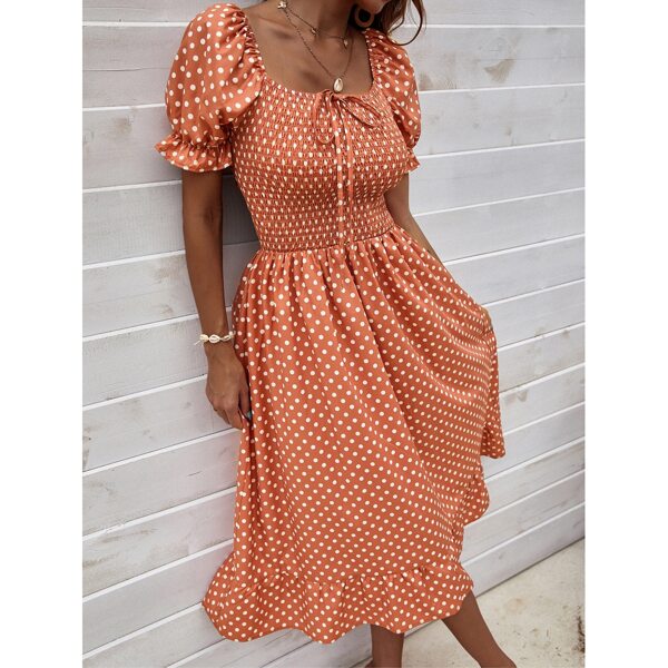 

Polka Dot Shirred Ruffle Hem Dress, Coral orange