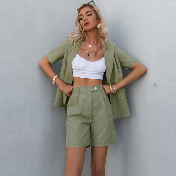 

Double Button Belted Blazer & Shorts Set, Green