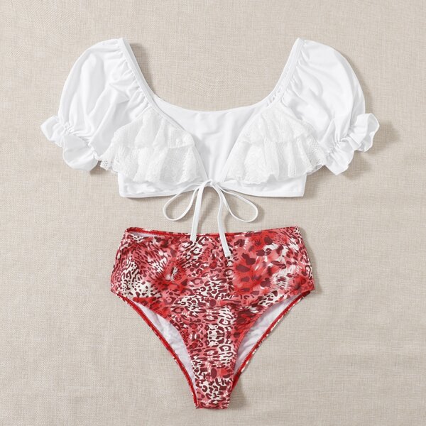 

Leopard Ruffle Tie Front Bikini Swimsuit, Multicolor