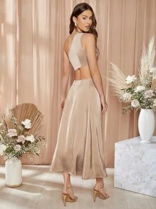 SHEIN 單肩扭結鏤空腰洋裝 - 杏色 - 查看 2