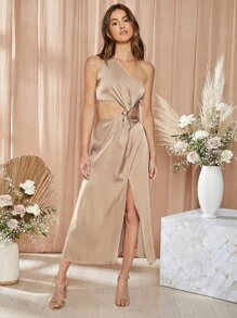 SHEIN 單肩扭結鏤空腰洋裝 - 杏色 - 查看 5