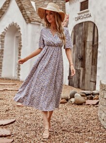 Ditsy Floral Surplice High Waist Dress - Multicolor - View 1