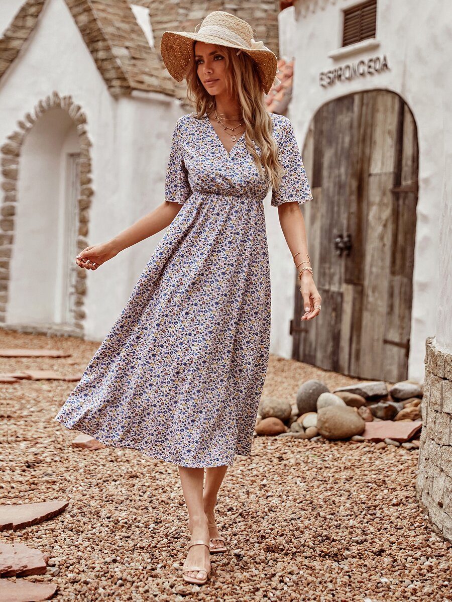 Ditsy Floral Surplice High Waist Dress - Multicolor - View 1