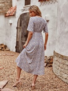 Ditsy Floral Surplice High Waist Dress - Multicolor - View 2