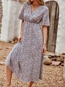 Ditsy Floral Surplice High Waist Dress - Multicolor - View 6