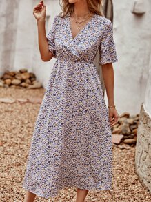 Ditsy Floral Surplice High Waist Dress - Multicolor - View 7