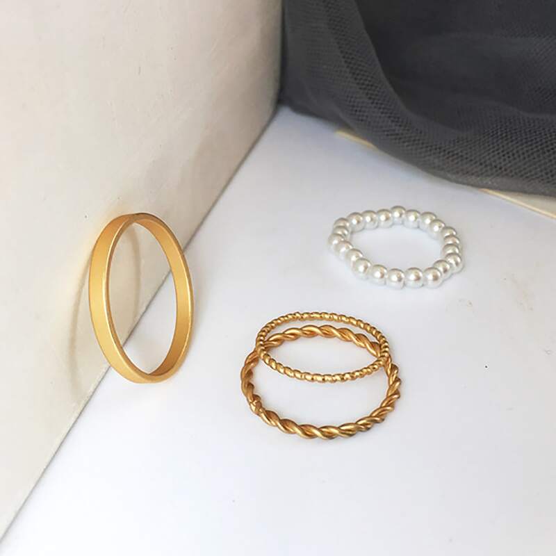 4pcs Faux Pearl Ring, Multicolor