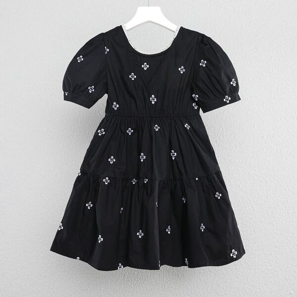 

Toddler Girls Puff Sleeve Embroidery Ruffle Hem Dress, Black