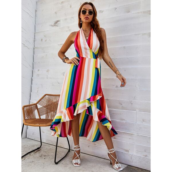 

Платье в полоску радуги с оборками подолом тюльпан, Многоцветный