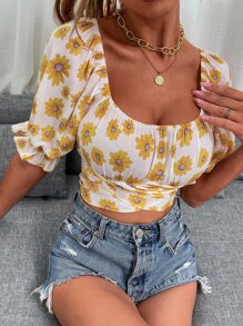 SHEIN VCAY Allover Floral Print Tie Back Crop Blouse - Multicolor - View 1