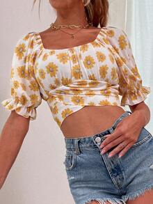 SHEIN VCAY Allover Floral Print Tie Back Crop Blouse - Multicolor - View 5