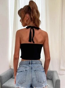 SHEIN Allurite 前打結露背掛脖上衣 - 黑色 - 查看 2