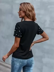 SHEIN LUNE Pearls Beaded Solid Tee - Black - View 2