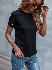 SHEIN LUNE Pearls Beaded Solid Tee - Black - View 3