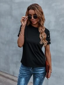 SHEIN LUNE Pearls Beaded Solid Tee - Black - View 4