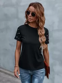 SHEIN LUNE Pearls Beaded Solid Tee - Black - View 5