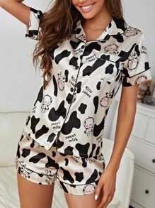 Letter & Cartoon Graphic Satin Pajama Set, Vacation