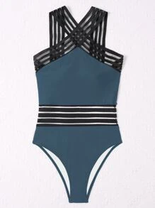 Summer Contrast Mesh Crisscross One Piece Swimsuit - Dusty Blue - View 3