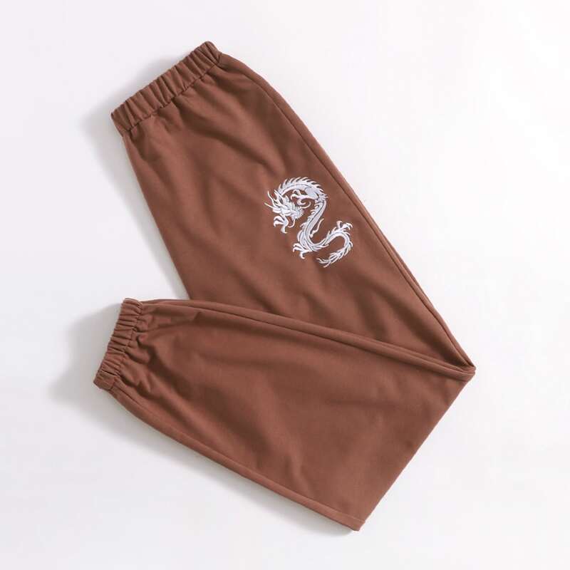 

Chinese Dragon Embroidery Joggers, Rust brown