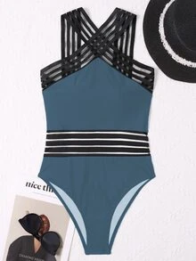 Summer Contrast Mesh Crisscross One Piece Swimsuit - Dusty Blue - View 4