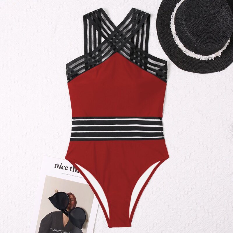 

Contrast Mesh Crisscross One Piece Swimsuit, Red