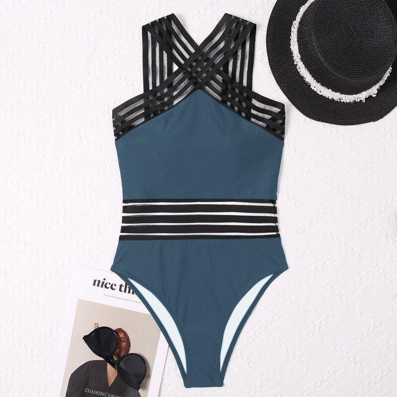 

Contrast Mesh Crisscross One Piece Swimsuit, Dusty blue
