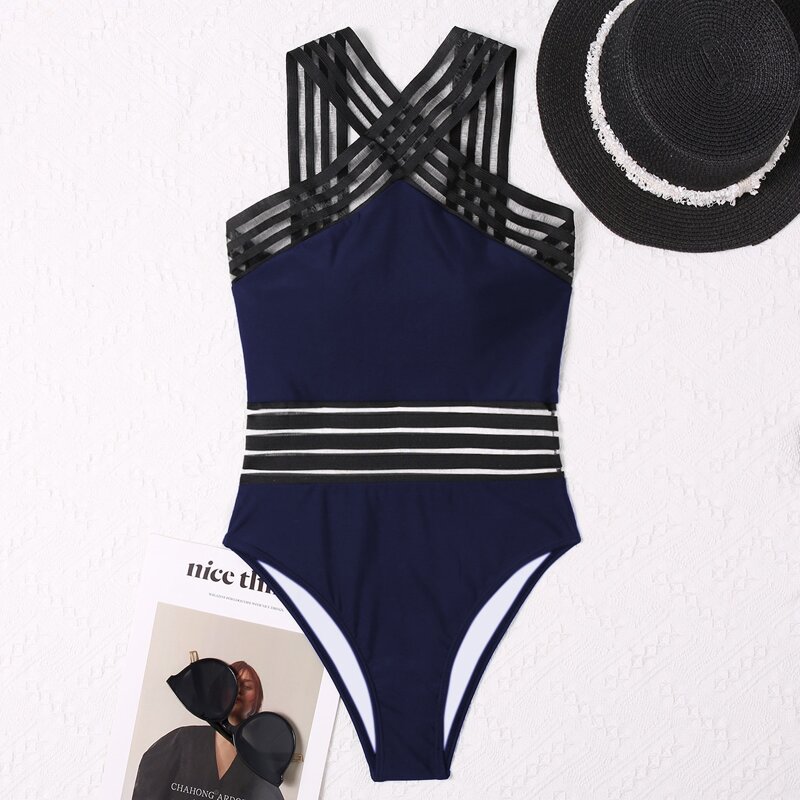 

Contrast Mesh Crisscross One Piece Swimsuit, Royal blue