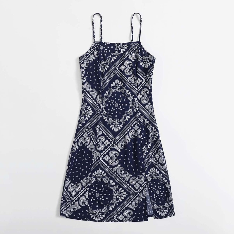 

Paisley Split Cami Dress, Navy blue