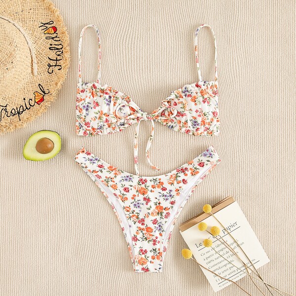 

Ditsy Floral Lettuce Trim Bikini Swimsuit, Multicolor