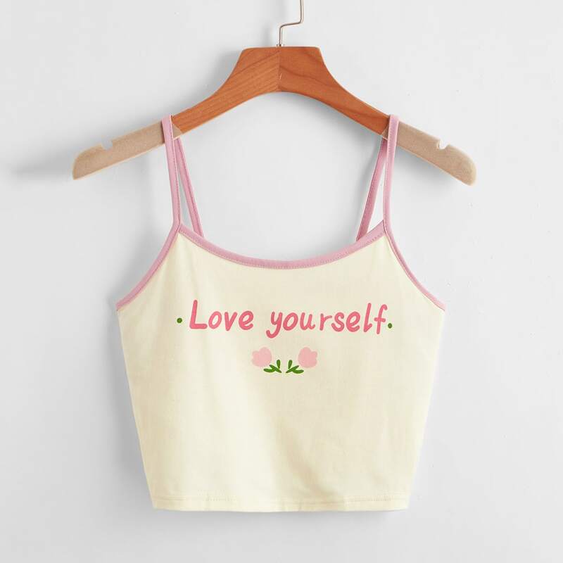 Letter Floral Graphic Ringer Crop Cami, Apricot