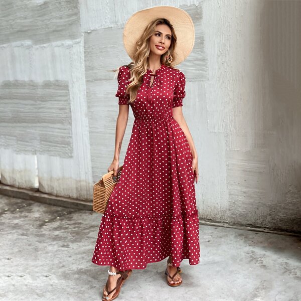 

Tie Neck Puff Sleeve Ruffle Hem Polka Dot Dress, Red