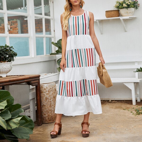 

Striped Panel Ruffle Hem Dress, Multicolor