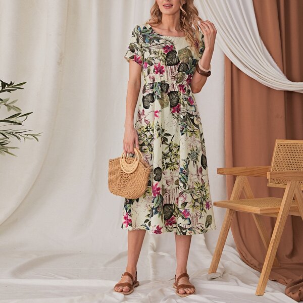 

Plants Print Scoop Neck Dress, Multicolor