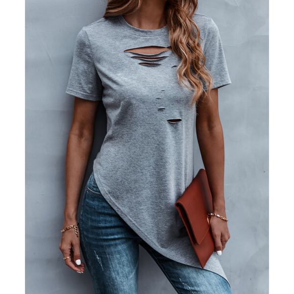 

Solid Ripped Asymmetric Hem Tee, Grey