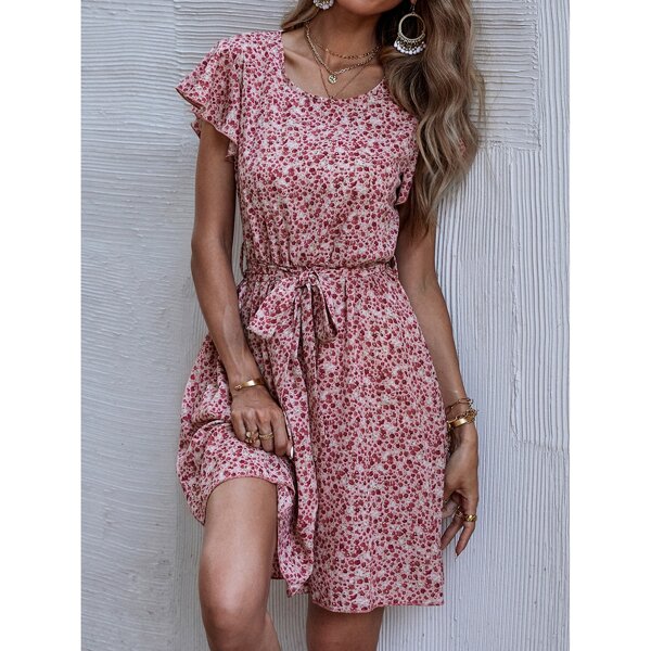 

Ditsy Floral Ruffle Trim Belted Dress, Multicolor