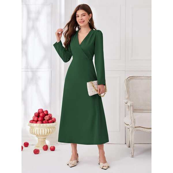 

Surplice Front Puff Sleeve Solid Dress, Dark green