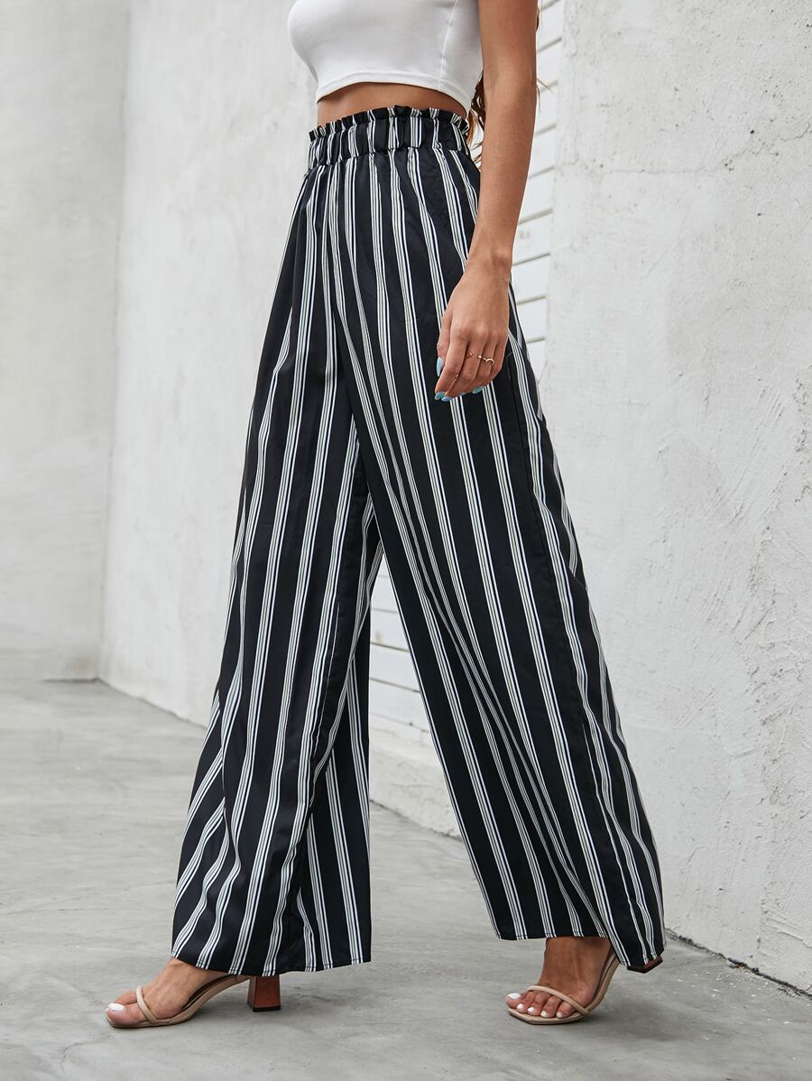 Stripe Wide Leg Trousers - Black - View 1