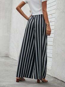 Stripe Wide Leg Trousers - Black - View 2