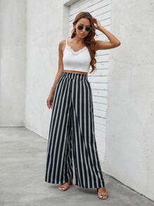 Stripe Wide Leg Trousers - Black - View 3