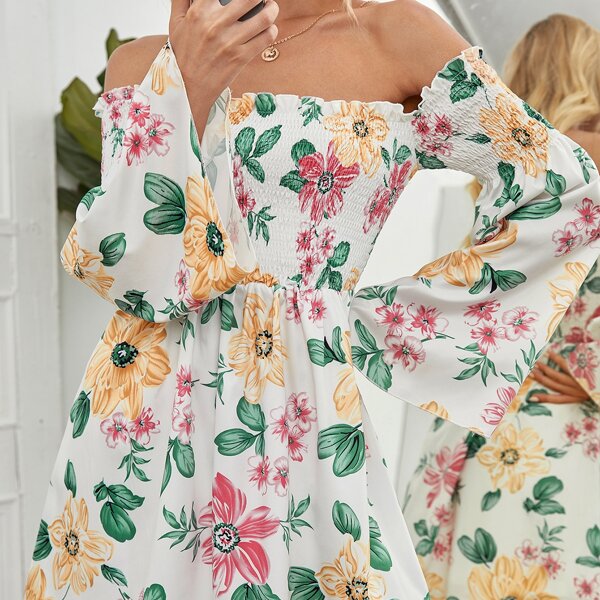 

Off Shoulder Frill Trim Shirred Floral Dress, Yellow
