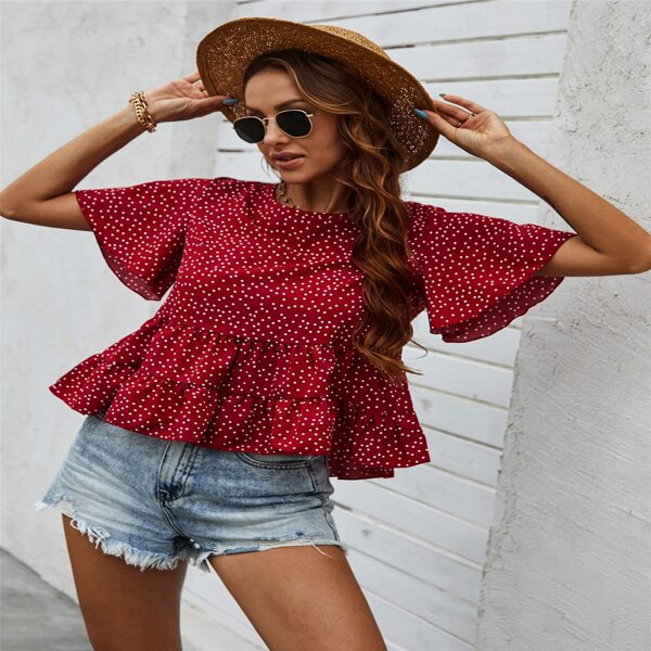 

Polka Dot Ruffle Hem Blouse, Burgundy
