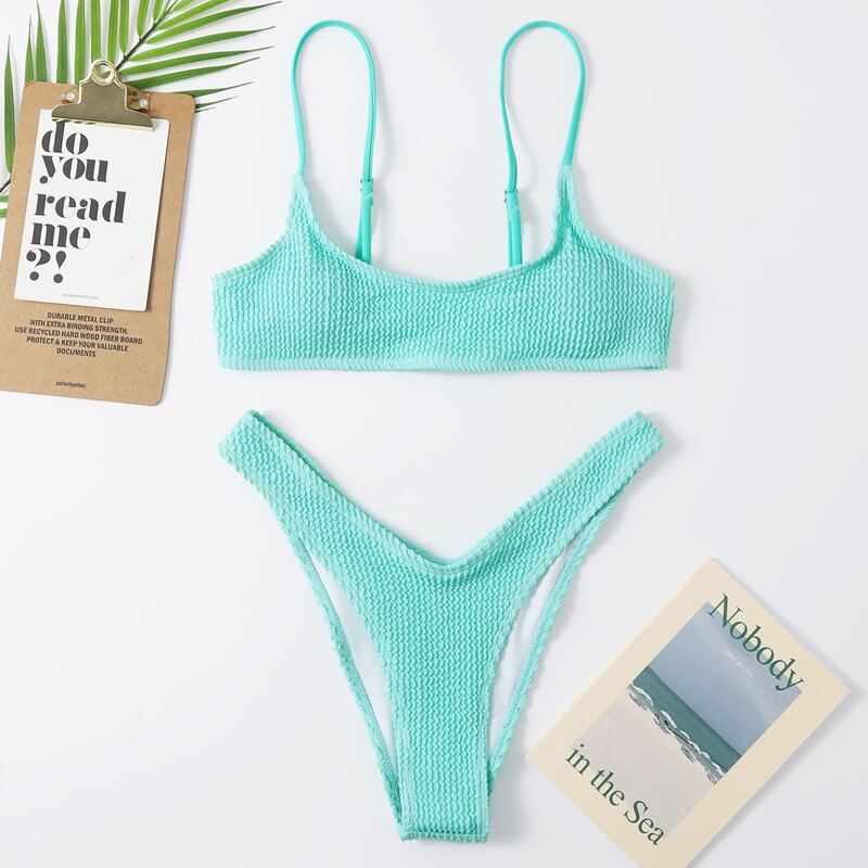 

Textured High Cut Bikini Swimsuit, Mint blue