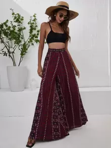 Breezaya High Waist Striped Print Wide Leg Trousers - Burgundy - View 1