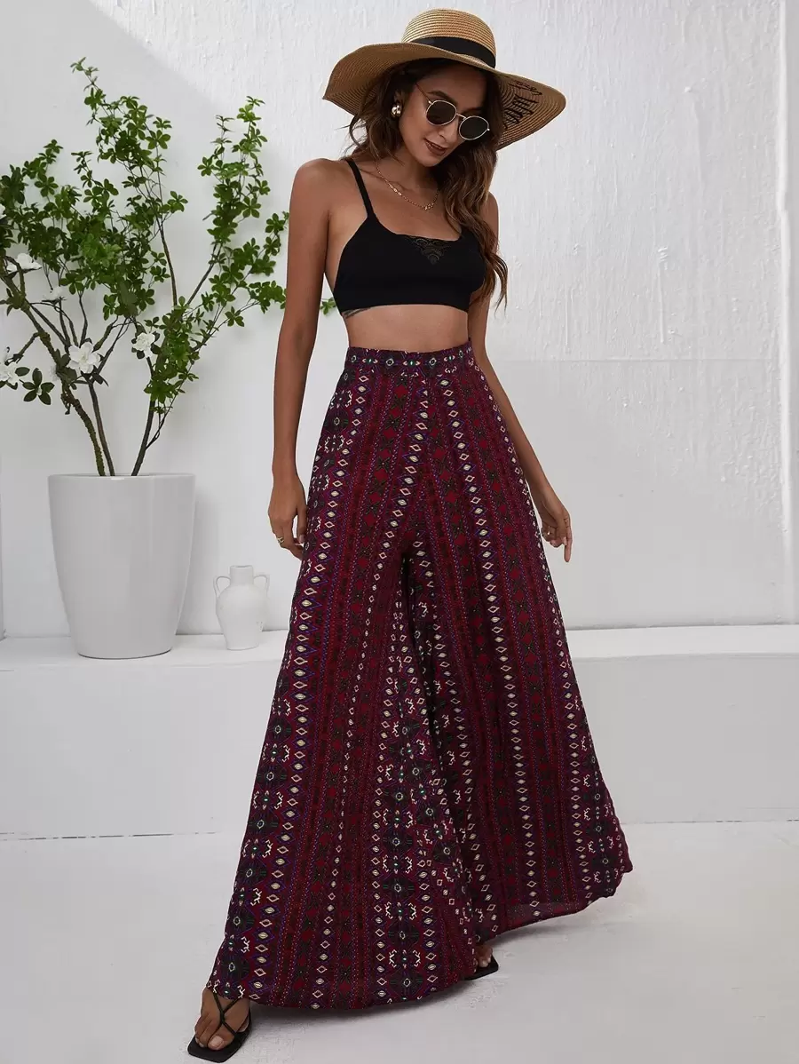 Breezaya High Waist Striped Print Wide Leg Trousers - Burgundy - View 1