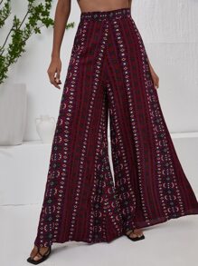 Breezaya High Waist Striped Print Wide Leg Trousers - Burgundy - View 3